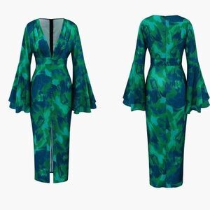 NWT Micas Elegant Green and Blue Long Sleeve Dress (M)